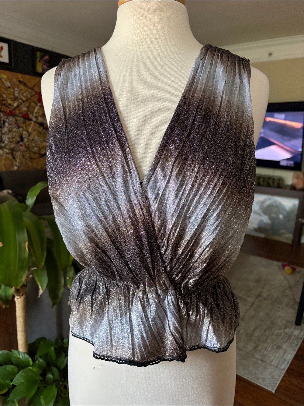 Pleated Metallic V-Neck Peplum Blouse - Silver Brown